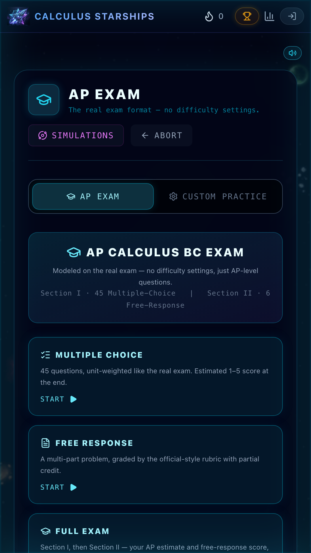 Inside Calculus Starships — a full AP exam simulator with an estimated 1 to 5 score